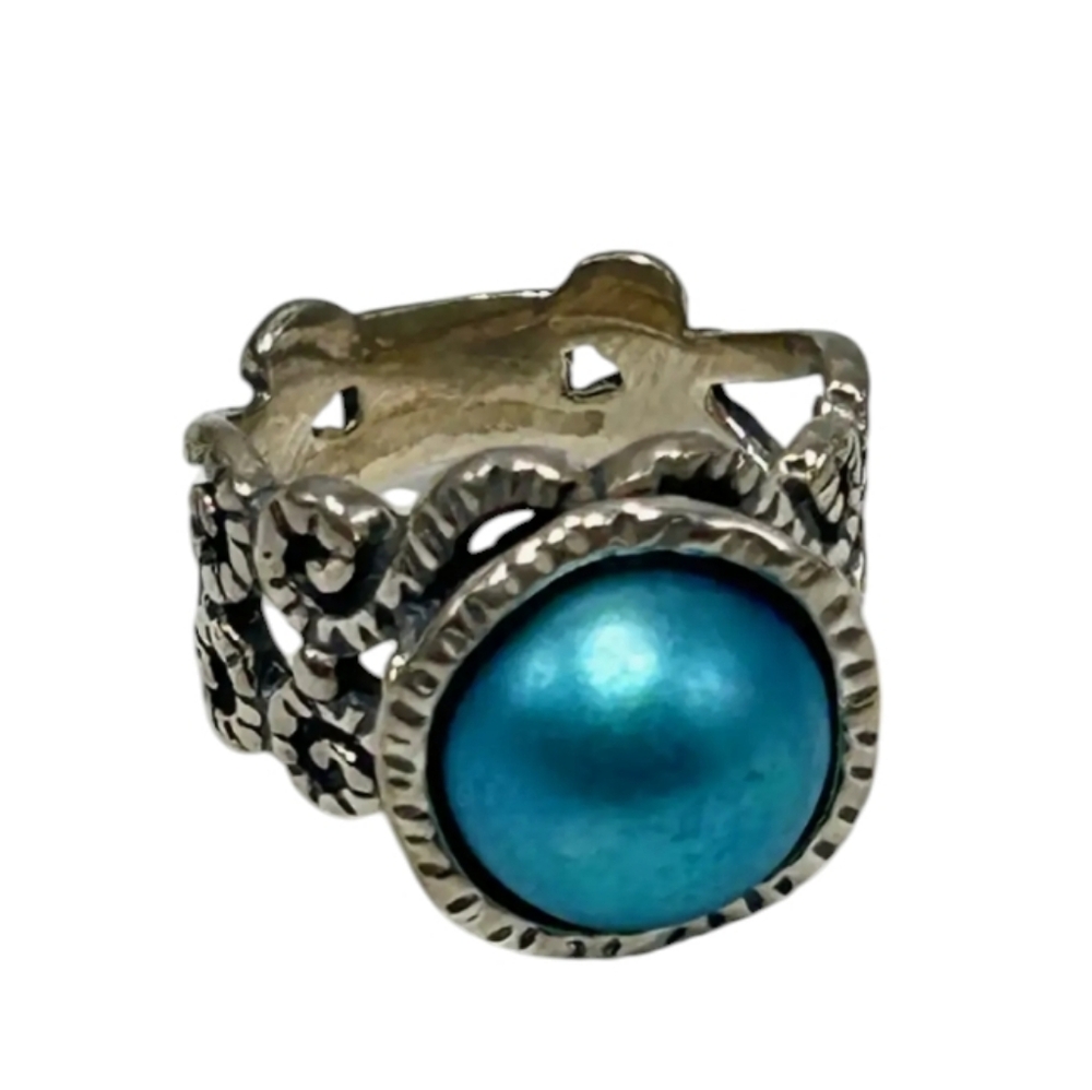 Sterling Silver Israel 925 Dyed Blue Cultured Pearl Ring